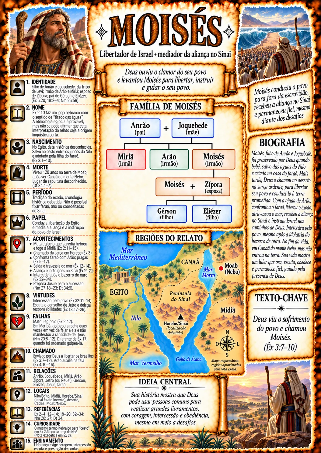 Ficha visual de estudo do personagem Moisés no Atlas dos Personagens da Bíblia